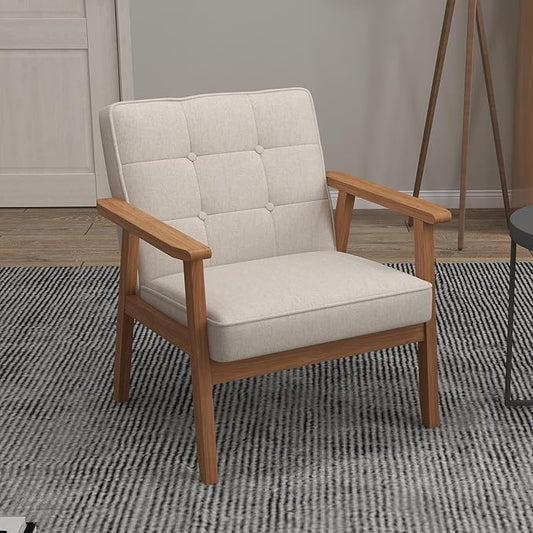 KCC Mid-Century Modern Linen Fabric Accent Chair, Upholstered Tufted Leisure Chair Comfy Reading Side Chair with Armrest and Solid Wood Frame for Living Room Bedroom Balcony(Beige)