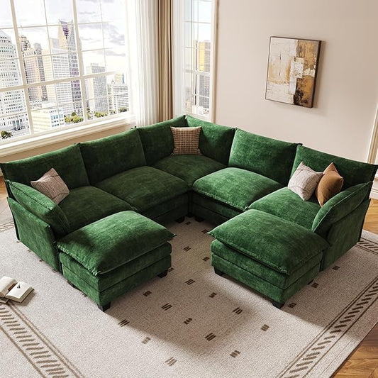 KKL 120" Modular Sectional Sofa, Large V Shape 7 Seater Convertible J/L/U-Shaped Modern Sectional Couch with Ottoman, Chenille Sectional Couches for Living Room, Apartment, Green