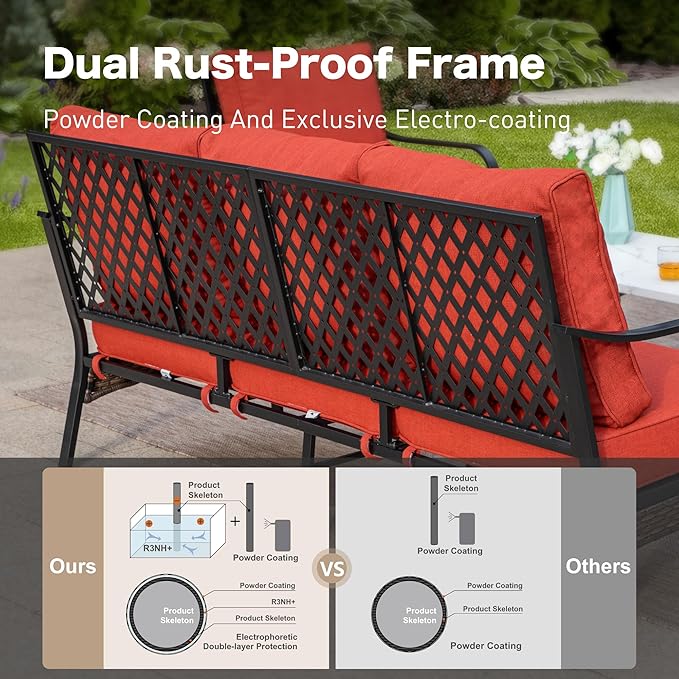 6 Piece Metal Outdoor Patio Furniture Set, Patio Conversation Set with Swivel Chair and 5.75" Thick Cushion & Coffee Tabl, Outdoor Seating Black Frame Backyard Furniture, Rust Red