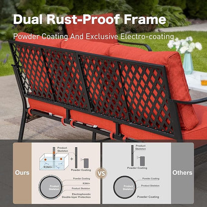 6 Piece Metal Outdoor Patio Furniture Set, Patio Conversation Set with Swivel Chair and 5.75" Thick Cushion & Coffee Tabl, Outdoor Seating Black Frame Backyard Furniture, Rust Red