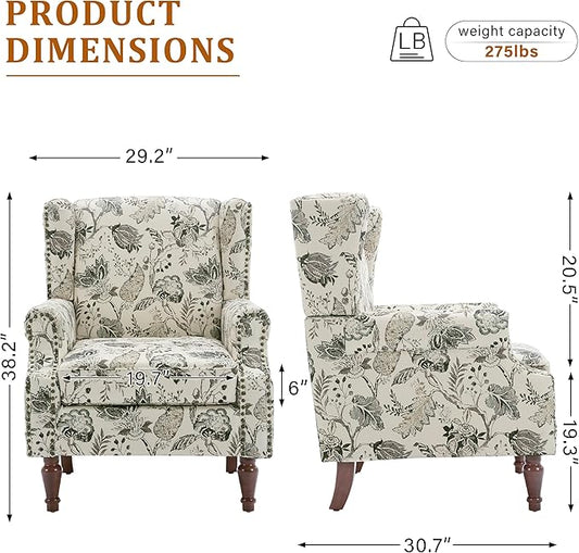 Floral Wingback Accent Chairs Set of 2, High Back Upholstered Armchair, Comfy Fabric Wingback Arms Chairs with Retro Solid Wood Legs, Single Sofa Reading Chair for Bedroom Living Room, Plants Beige