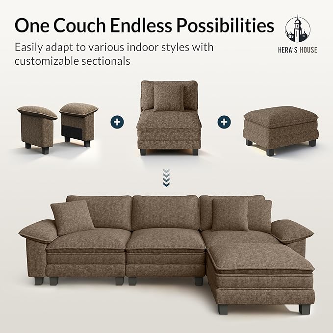 HERA'S HOUSE 54" Modular Sectional Sofa Couches for Living Room, Comfy Cloud Couch 1-Seater Deep Seat Sofa with Throw Pillow, Chenille Taupe