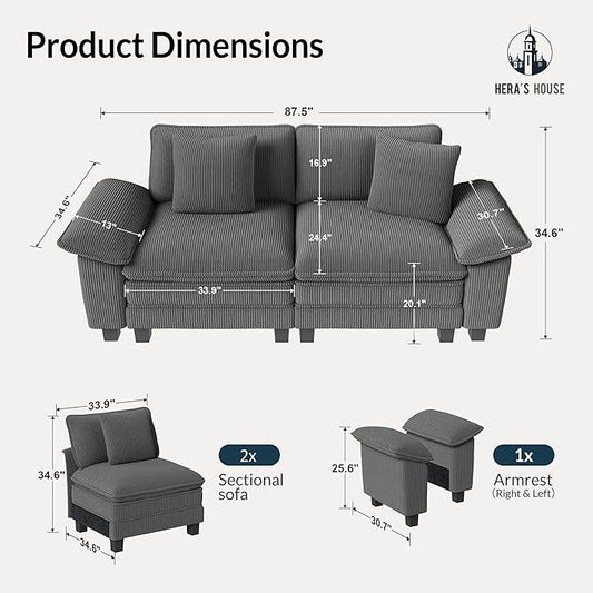 HERA'S HOUSE 88" Modular Sectional Sofa, Loveseat Couches for Living Room, Comfy Cloud Couch 2-Seater Deep Seat Sofa with Throw Pillow, Corduroy Grey