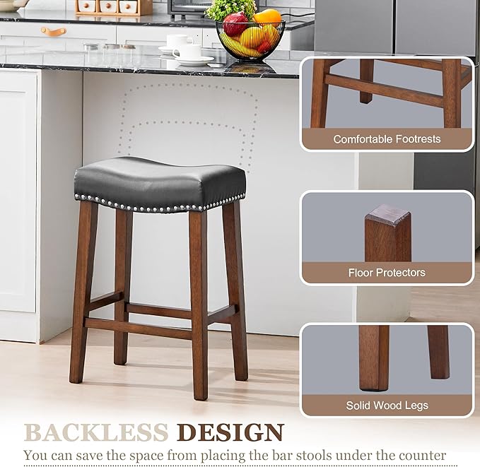 PrimeZone Counter Height Bar Stools Set of 6 - Backless Saddle Barstools with 4.3" Thick Upholstered, Nailhead Trim Faux Leather & Solid Wood Legs, 26 Inch Counter Stools for Kitchen Island, Black