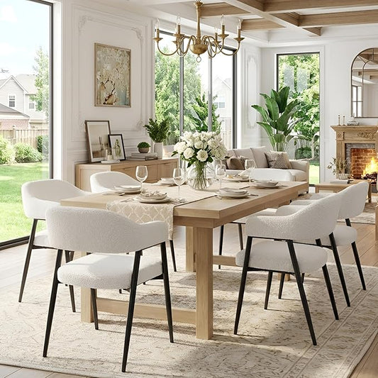 HNY Modern Dining Room Arm Chairs Set of 6, Faux Sherpa Boucle Upholstered Barrel Dining Chairs with Arms Mid-Century White Accent Chair with Metal Legs, Open-Back Kitchen Side Chair for Living Room
