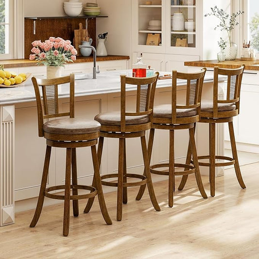 COSTWAY Barstools Set of 4, 30” Solid Rubber Wood Swivel Bar Chairs with Faux Leather Seat, Curved PE Rattan Back, for Living Room & Kitchen Island, Brown (4, 30” Seat Height)