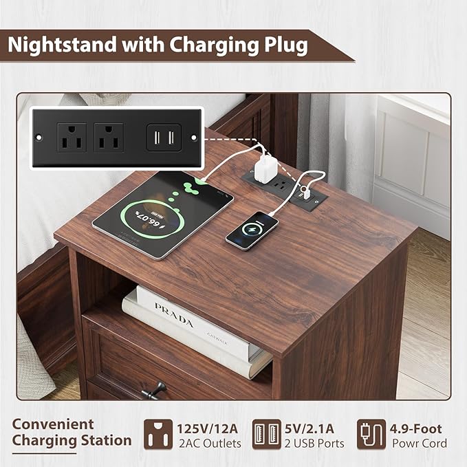 Walnut Nightstand with Charging Station, Farmhouse End Table with 2 Drawers and Open Shelf, Bedside Table with Space-Saving Storage Cabinet, Unique Base Design for Bedroom, Living Room
