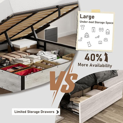 Lift Up Storage Bed Frame, Full Size Wooden Platform Bed with Large Storage Underneath, No Box Spring Needed, Noise Free, Distressed White