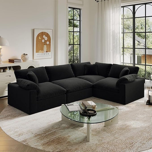 Cloud Modular Sectional Sofa,189.4" Down Filled Sofa 4 Seat with Chaise,Minimalist Sofa Cover Washable and Replaceable Couches for Living Room,Sectional Sofa Deep Seat Black