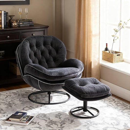360° Swivel Modern Velvet Accent Chair with Ottoman | Mid-Century Button Tufted Lounge Chair for Living Room & Bedroom, Black
