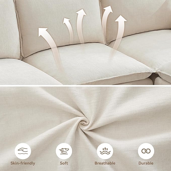 80" Cloud Modular 3 Seater Sofa with Storage Ottoman, Modern Upholstered Storage Sofa Couch Deep Seat, L Shape Sectional Sofa Chenille Comfy Couch with Armrests for Living Room, Small Space, Beige