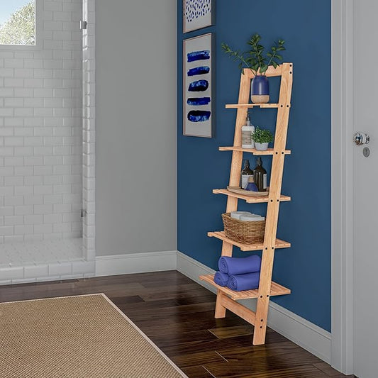 5-Tier Ladder Shelf - 50-Inch Narrow Leaning Bookshelf - Wooden Bookcase for Living Room, Bathroom, Kitchen, Office, or Bedroom Furniture by Lavish Home (Oak)