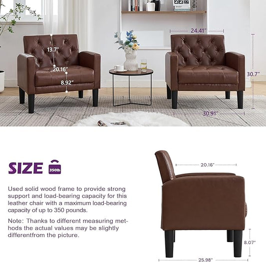 TYBOATLE Accent Chairs Set of 2 Comfy Living Room Chair Leather Tufted Mid Century Modern Accent Chair, Small Cozy Reading Arm Chair for Office, Bedroom (2, Brown)