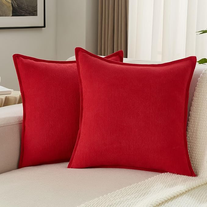 FUTEI Christmas Red Chenille Throw Pillow Covers 18x18 Inch Set of 2,Edges Double-Stitched Cushion Cases,Modern Home Decor for Couch Living Room