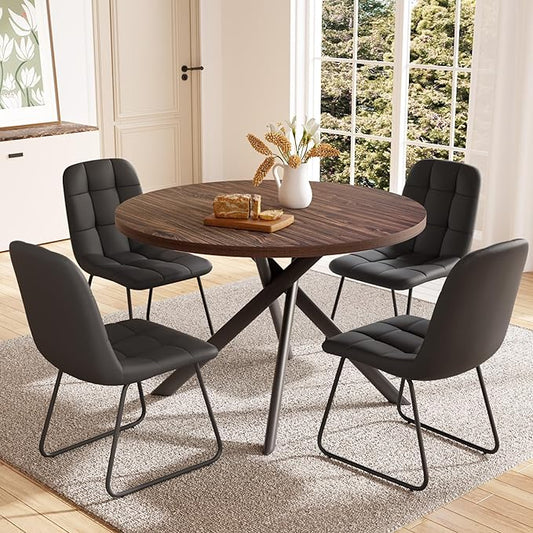 45.3 Inch Round Dining Table Set for 4, Mid Century Modern MDF Coffee Set for Dining Room Kitchen Apartment (Dark Walnut Table + 4 U-Shaped Black Chairs)