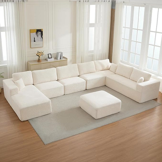 Modular Sectional Cloud Couch for Living Room,Modern Boneless Couche Set with Plush Corduroy,Comfy Floor Sofa with Memory Foam,Stupendous U Shaped Sofa with Ottoman,No Assembly Required,Beige