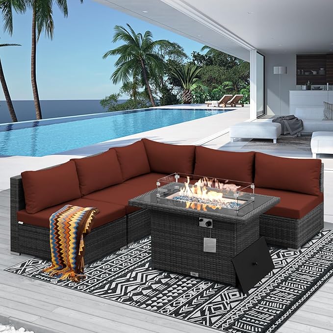 NICESOUL 6 Piece Modern Outdoor Conversation Set with Fireplace Natural Gas/Propane, 29.3'' High Back Deep Wide Seat Sofa Couches for Garden, Oversized Patio Sectionals, 2 Color Cushion Wine & Grey