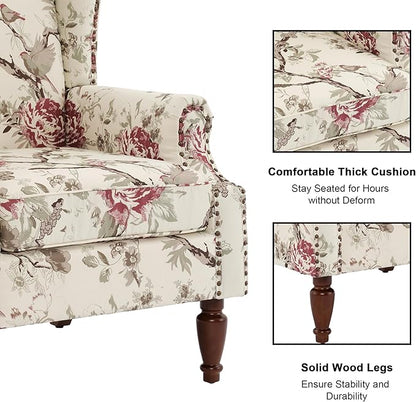 Accent Chair, Upholstered High Back Floral Armchair with Nailhead Trim & Wood Legs, Comfy Wingback Reading Single Sofa Chair for Small Spaces, Living Room, Bedroom-Pink Floral, Set of 1