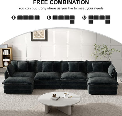 Modular Sectional Sofa, 146.5 Inch U-Shaped Cloud Sofa with Deep Seat Chenille Sofa with Cushions, Four Seater Sectional Sofa for Living Room Apartment,Black