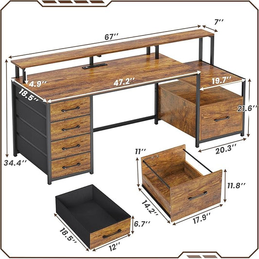 SEDETA Home Office Desk with File Drawer & Power Outlet, 66'' Computer Desk with 5 Drawer, Storage Shelves, Printer Cabinet and Monitor Shelf, Gaming Desk with Led Lights, Rustic Brown