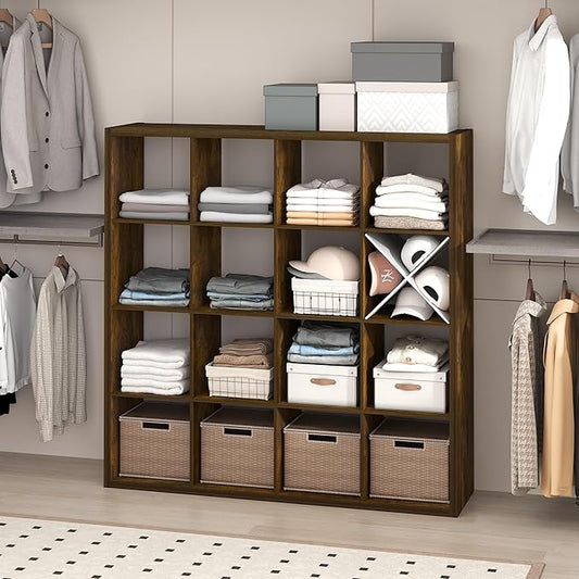 Furinno Cubic Closet Organizers and Storage, 16-Cube Closet Organizer, Open Shelf Closet Storage, Extra Thick Frame for Wardrobe, Bedroom, Living Room, Amber Pine
