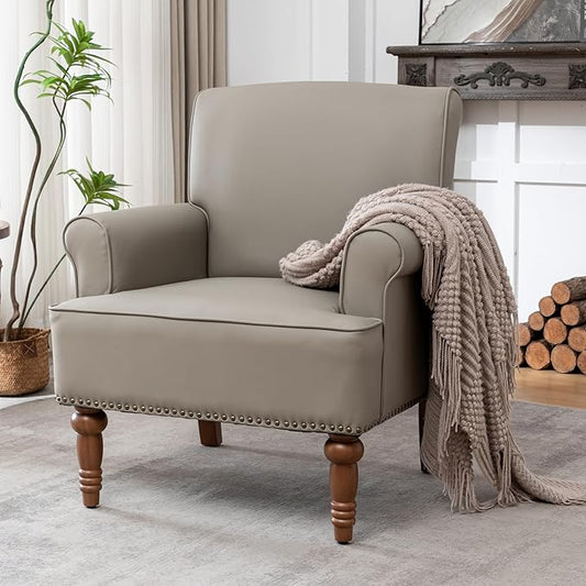 HOMEFLEX Accent Chair, Faux Leather Living Room Chairs with Nailhead Trim, Mid-Century Lounge Armchair with Solid Wood Legs, Comfy Reading Single Sofa for Bedroom, Waiting Room (Grey, 2 Chairs)