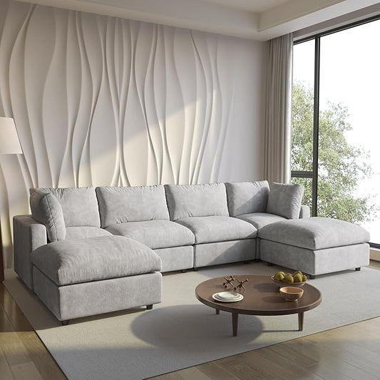 WJShome Cloud Couch Modular Sectional Sofa, 134" U Shaped Couch for Livingroom, Oversized Convertible Wide Seater with 2 Ottomans Living Room Set, Covers Washable&Replaceable,Gray