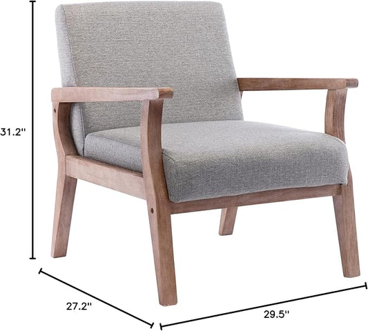 HNY Mid Century Armchair with Hardwood Frames, Linen Upholstered Living Room Chair, for Living Room Bedroom, Light Grey