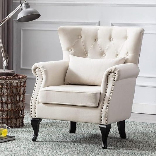 chairus Mid-Century Modern Accent Chair, Comfy Tufted Single Sofa Chair Wingback Armchair with Pillow for Club, Living Room, Bedroom - Linen, Beige