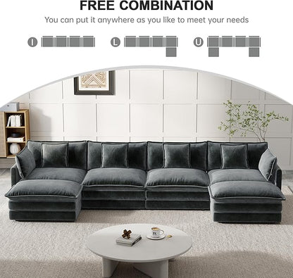 Modular Sectional Sofa, 146.5 Inch U-Shaped Cloud Sofa with Deep Seat Chenille Sofa with Cushions, Four Seater Sectional Sofa for Living Room Apartment,Gray