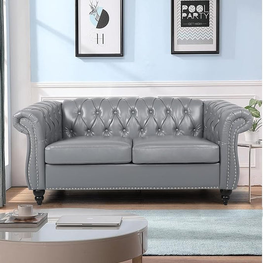 LEVNARY Leather Sofa, Chesterfield Tufted Upholstered 2 Seater Couch, Modern Loveseat Couch Classic Furniture for Living Room Bedroom (Gray)