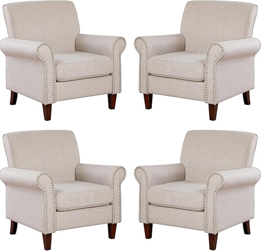 Prilinex Upholstered Living Room Chair Set of 4 - Large Comfy Fabric Accent Chair Single Sofa with Cushion, Rolled Armrest & Nailhead Trim, Mid Century Farmhouse Armchair for Bedroom, Office, Beige