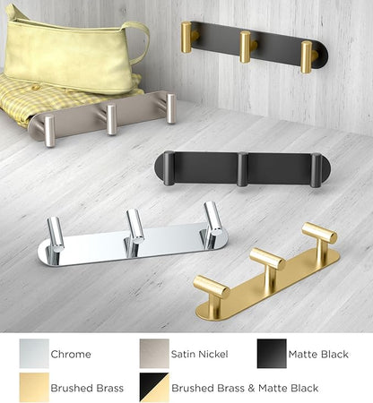 Gatco 1296, Modern Decor Wall Hook. Coat Hat Towel Robe hook. For Enteryway, Living, Kitchen, Bathroom, Bedroom. 3-hook, Sturdy Satin Nickel on Premium Brass.