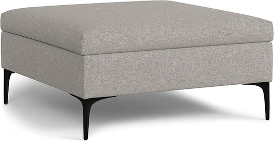 SIMPLIHOME Rebecca 36 inch Wide Contemporary Square Mid Century Coffee Table Storage Ottoman with Lift Up Lid in Cloud Grey Polyester Linen, Assembled, For the Living Room, Entryway and Family Room