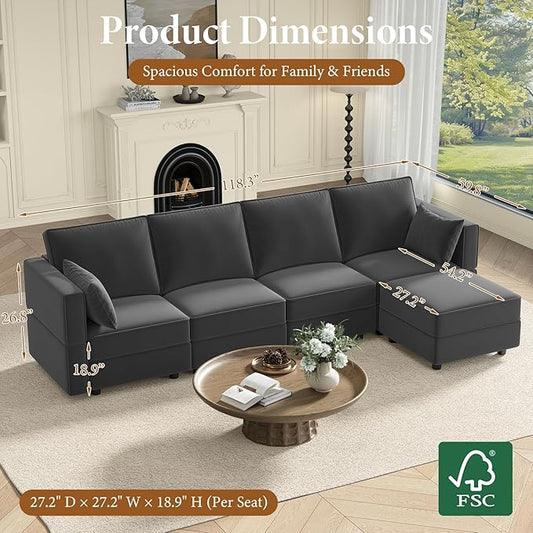 Vesgantti Sectional Couches with Storage Seats, 118" L Shaped Convertible Modular Sectional Sofa, 4 Seat & 1 Ottoman Velvet Storage Chaises Deep Seat Couch for Living Room, Bedroom, Apartment, Gray