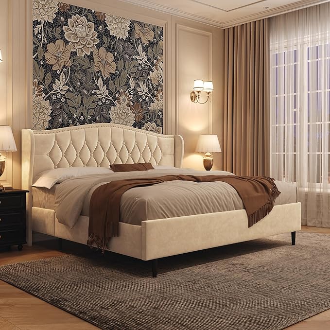 Belffin Queen Bed Frame with Headboard, Luxury Upholstered Velvet Platform Bed with Wingback, Button Tufted & Nailhead Trim, Anti-Slide Tall Footboard, No Box Spring Needed, Noise-Free, Beige