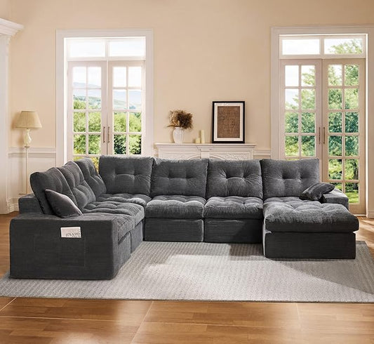 High Back Boneless Couch, Oversized Cloud Couch with Versatile 2-Pack Pillow Blankets, Corduroy Modular Sectional Sofa with Ottoman, No Assemble Sectional Couches for Living Room, Dark Grey