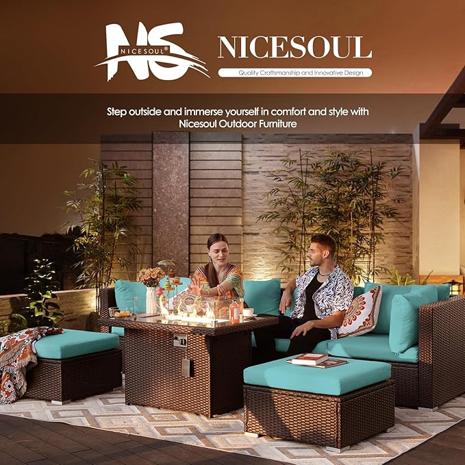NICESOUL 9 Piece Large Outdoor Patio Furniture Set with Fire Pit Propane/Natural Gas, 29.3'' High Back Comfy Rattan Modular Sectional for 8, Deep Seat Conversation Sets, Brown Rattan and Teal Cushion