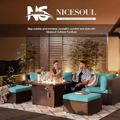 NICESOUL 9 Piece Large Outdoor Patio Furniture Set with Fire Pit Propane/Natural Gas, 29.3'' High Back Comfy Rattan Modular Sectional for 8, Deep Seat Conversation Sets, Brown Rattan and Teal Cushion