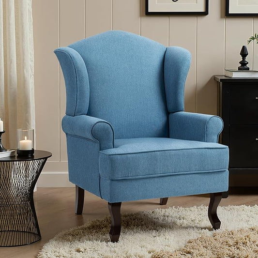 Pia Ricco High Back Floral Accent Chair, Upholstered Fabric Armchair with Solid Wood Legs - Retro Living Room Reading Chair, Comfortable Single Sofa Seat-Ocean Blue