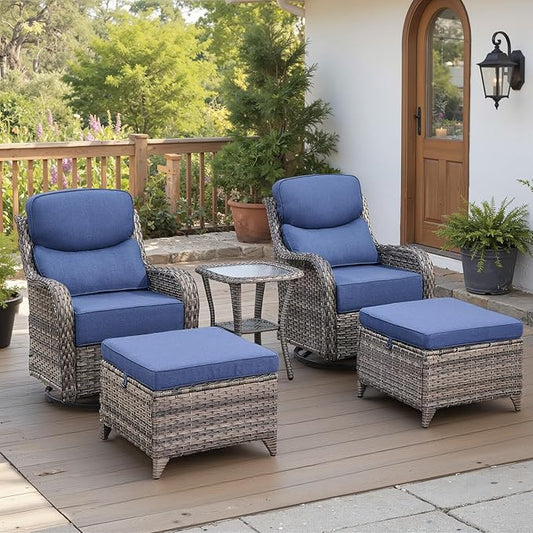 Belord Luxury 6" Thick Cushioned 5 Pieces Patio Furniture Set with 2 Ottomans, Wicker Outdoor Conversation Set with High Back Swivel Rocker Patio Chairs for Deck Porch Yard and Poolside - Grey+Blue