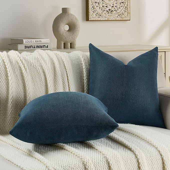 FUTEI Navy Blue Chenille Throw Pillow Covers 16x16 Inch Set of 2,Soft Wide Chevron Textured Cushion Case,Farmhouse Home Decor for Couch Bed Living Room