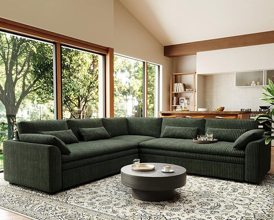 Belffin Large Modular Sectional Sofa with Double 61" Loveseat, Corduroy Corner Couch with 9" Soft Dual-Layer Seats Cushion for Living Room, Apartment, Small Sapce, Green