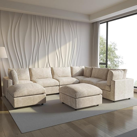Modular Sectional Sofa with Ottoman,134inch U Shaped Convertible Cloud Couch,8 Seater Convertible V Shaped Living Room Sets,Cover Washable and Replaceable Couches for Living Room,Khkai