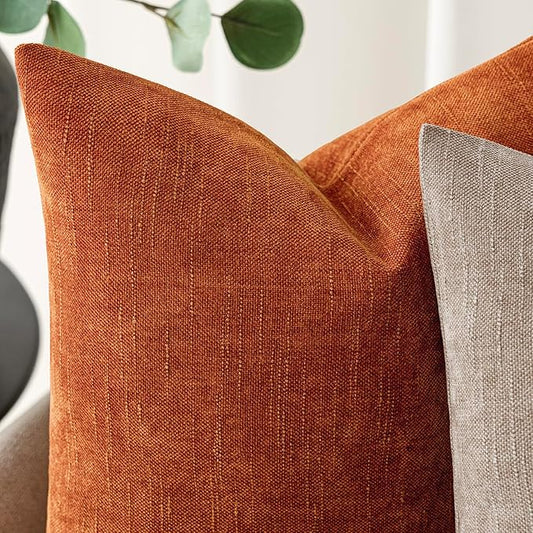 Foindtower Pack of 2 Textured Chenille Throw Decorative Pillow Covers Square Accent Solid Cushion Cover Neutral Farmhouse Lumbar Pillow Case for Couch Sofa Bedroom Living Room 12x20 Inch,Orange