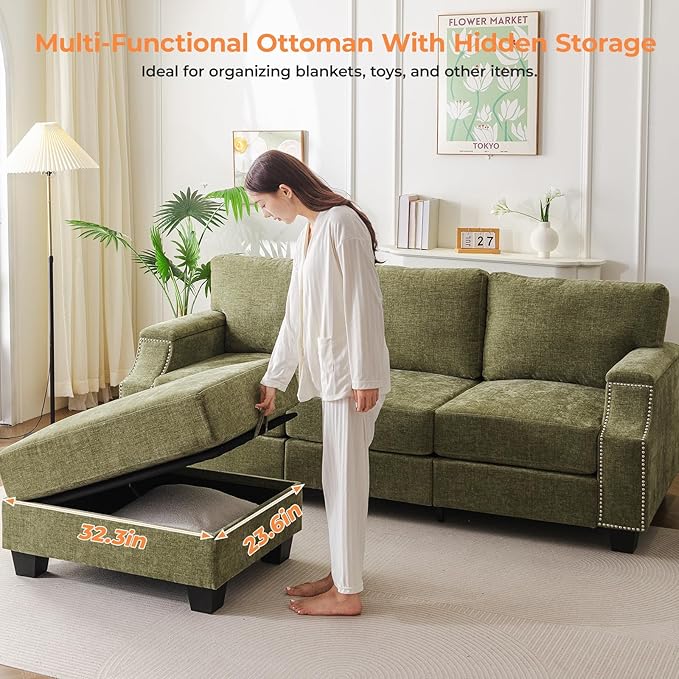 85'' L Shaped Couch with Armrest Organizer,Comfy 3 Seats Sofa with Storage Ottoman,Chenille Sectional Couches for Living Room,Bedroom,Apartment,Sofa Set with Oversized Chair,Green