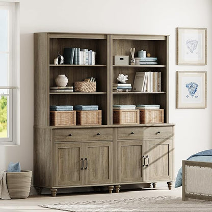 WAMPAT 5 Tier Farmhouse Bookcase 72" Tall Bookshelf with Barn Doors, Large Display Book Shelf with 2 Drawers and Storage Cabinet, Library Wood Bookshelves for Living Room,Kitchen, Wash Grey (2PCS)