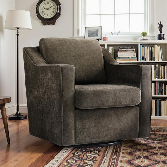 Pia Ricco 360° Swivel Accent Chair, Plush Oversized Chenille Fabric Armchair with Removable Cover for Living Room and Reception,Night Brown Black