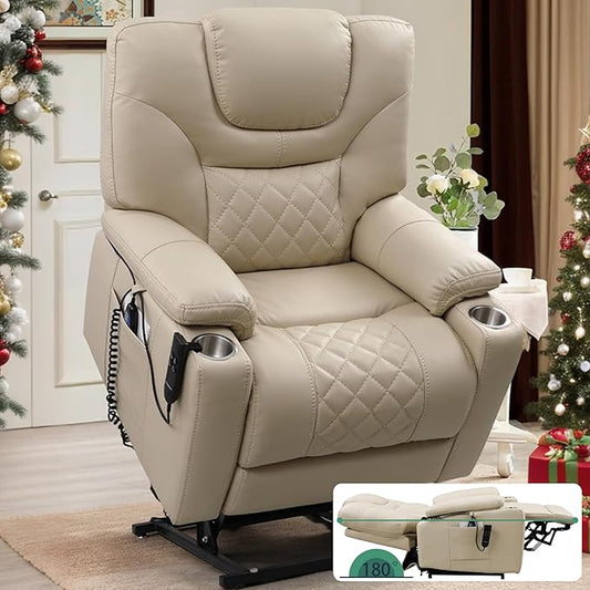 Power Lift Recliner for Seniors: 9988 High Density Foam Lift Chair with Heat and Massage, Reclining to 180, 2 Cup Holders, 2 Remote Controls, Dual OKIN Motors - Breathable Leather Beige