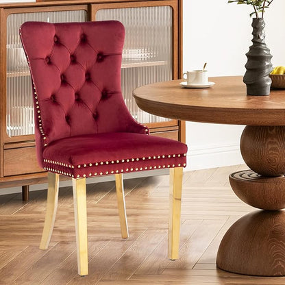 Velvet Upholstered Dining Chairs Set of 2, Modern Style Kitchen Side Chairs with Nailhead Trim and Gold Plated Leg, Metal Pulling Ring for Dining Room Living Room(Wine Red-Gold Plated Leg)